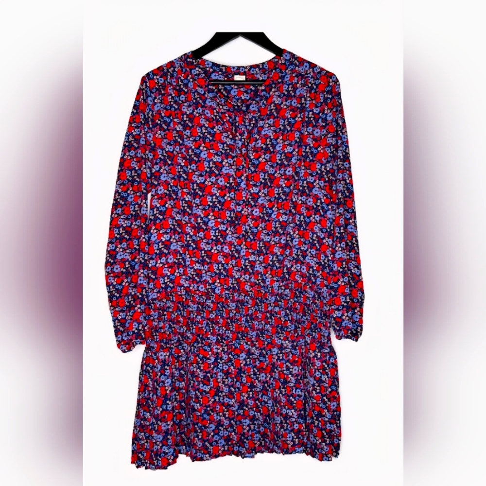 Gap Dress Floral Print Pleated Drop Waist Dress Long Sleeve Red Floral Size S